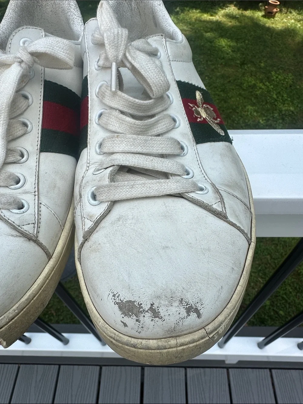 Gucci White Leather Sneakers with Red & Green Stripe and Metallic Heel Accents